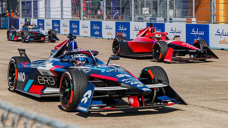 Dan Ticktum, Jake Dennis, and Sérgio Sette Câmara (from front to back) driving at the 2023 Berlin ePrix