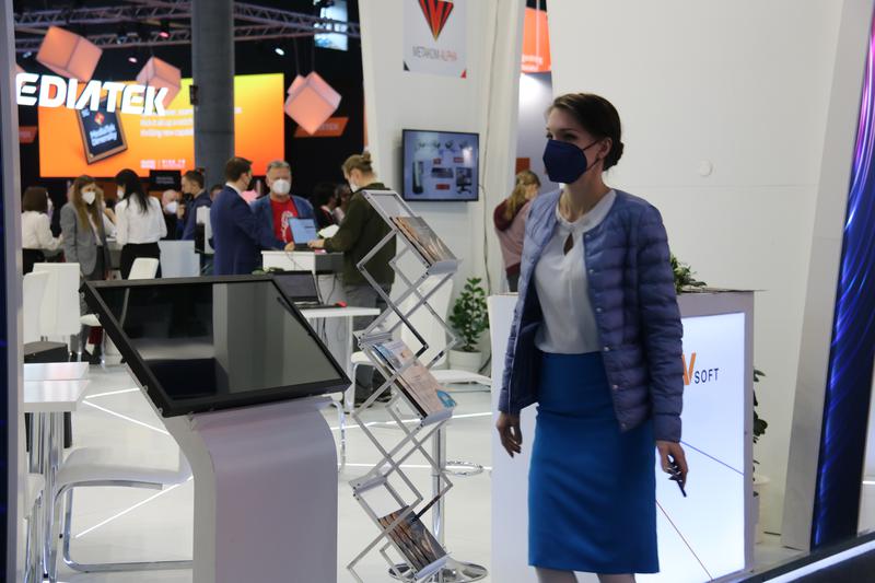 The zone for Russian companies at the 2022 Mobile World Congress, with the name of the country and other symbols removed 
