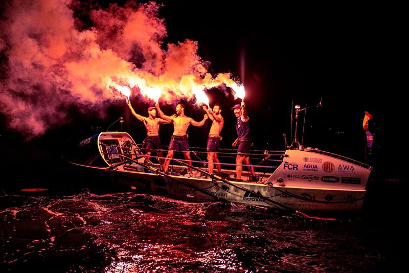 The Ocean Cats rowing team celebrates being the first to finish the Talisker Atlantic Challenge 2022 competition on January 13, 2023