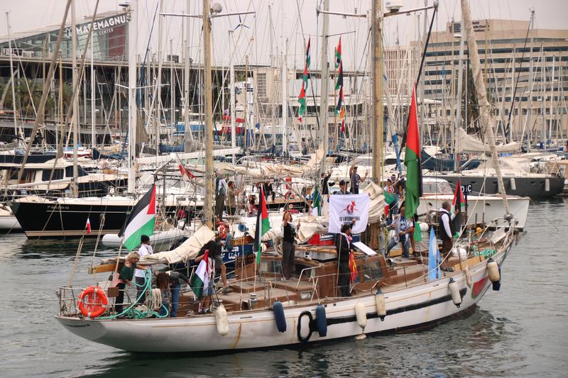 Palestinian flags prominently displayed on the vessels