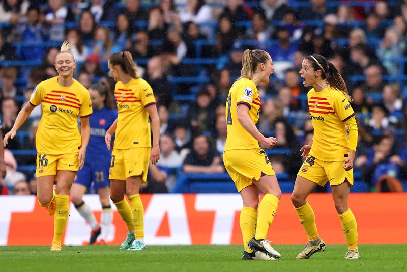Aitana Bonmati of FC Barcelona celebrates scoring her team's first goal during the UEFA Women's Champions League 2023/24 semi-final second leg match between Chelsea FC and FC Barcelona at Stamford Bridge on April 27, 2024 in London, England.