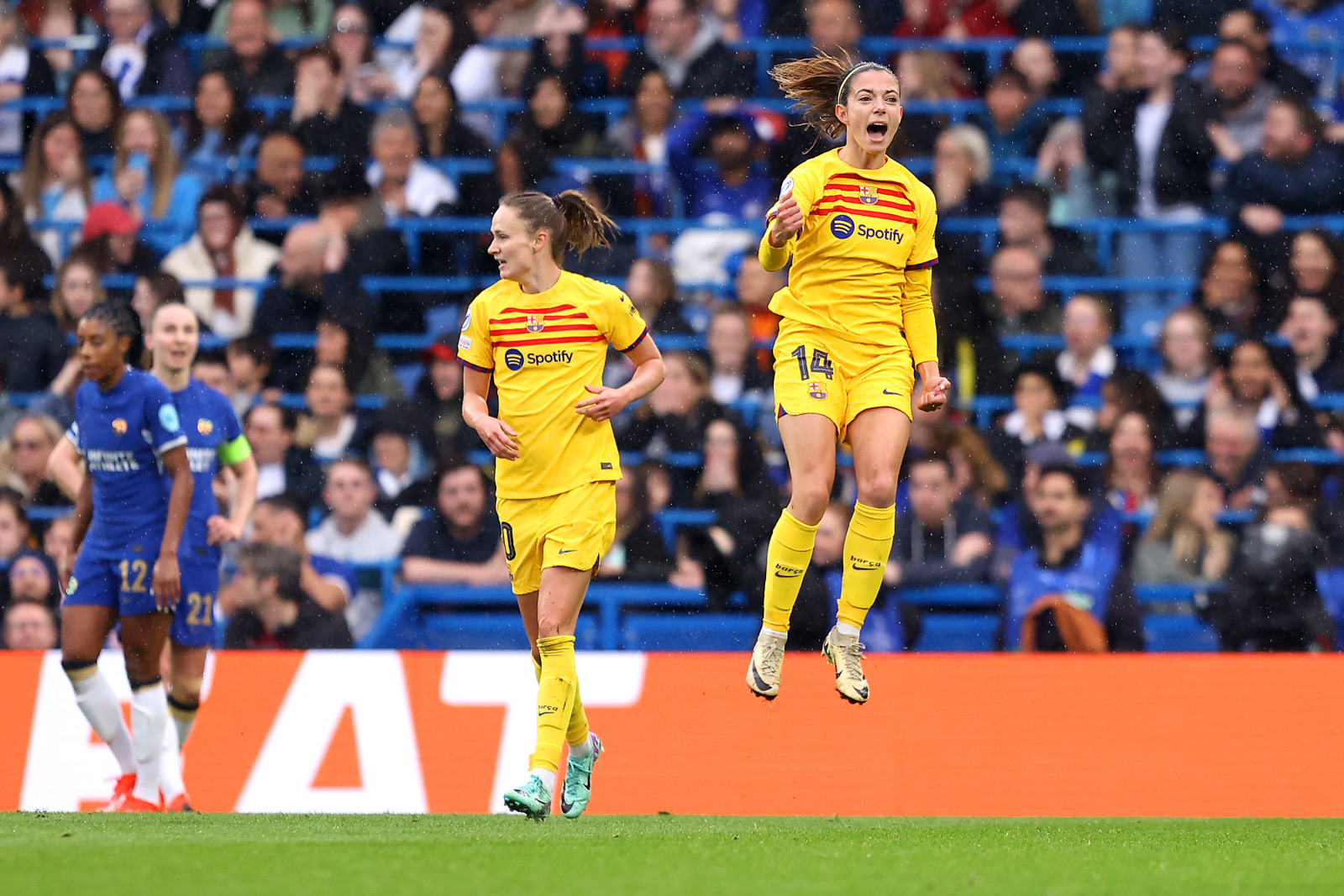 Aitana Bonmati of FC Barcelona celebrates scoring her team's first goal during the UEFA Women's Champions League 2023/24 semi-final second leg match between Chelsea FC and FC Barcelona at Stamford Bridge on April 27, 2024 in London, England.
