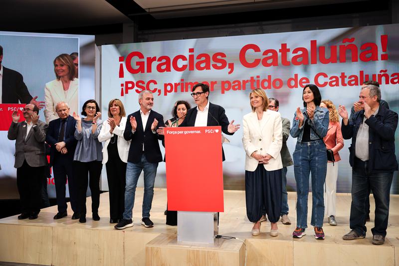 Socialist candidate Salvador Illa assesses the Catalan election results on the night of May 12, 2024