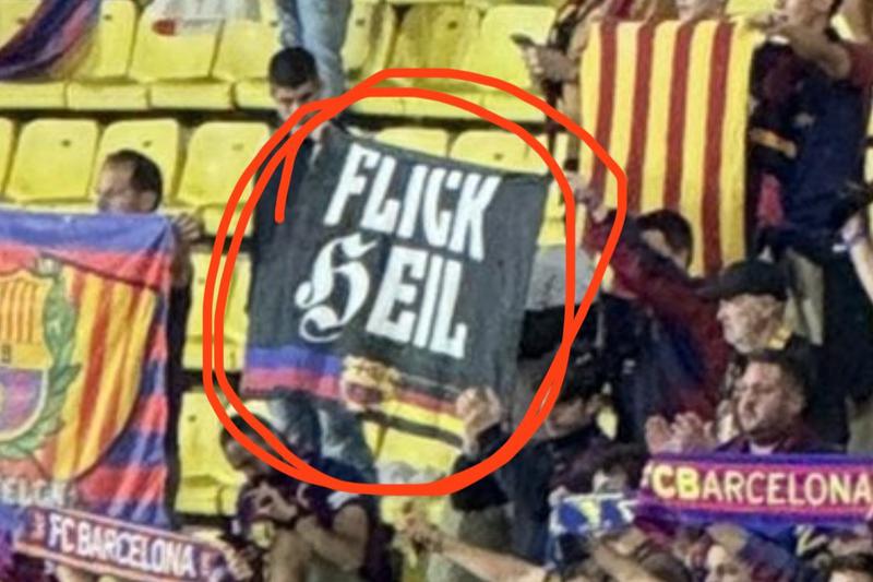 A nazi banner reading 'Flick Heil' during the match between AS Monaco and FC Barcelona at Stade Louis II on September 19, 2024