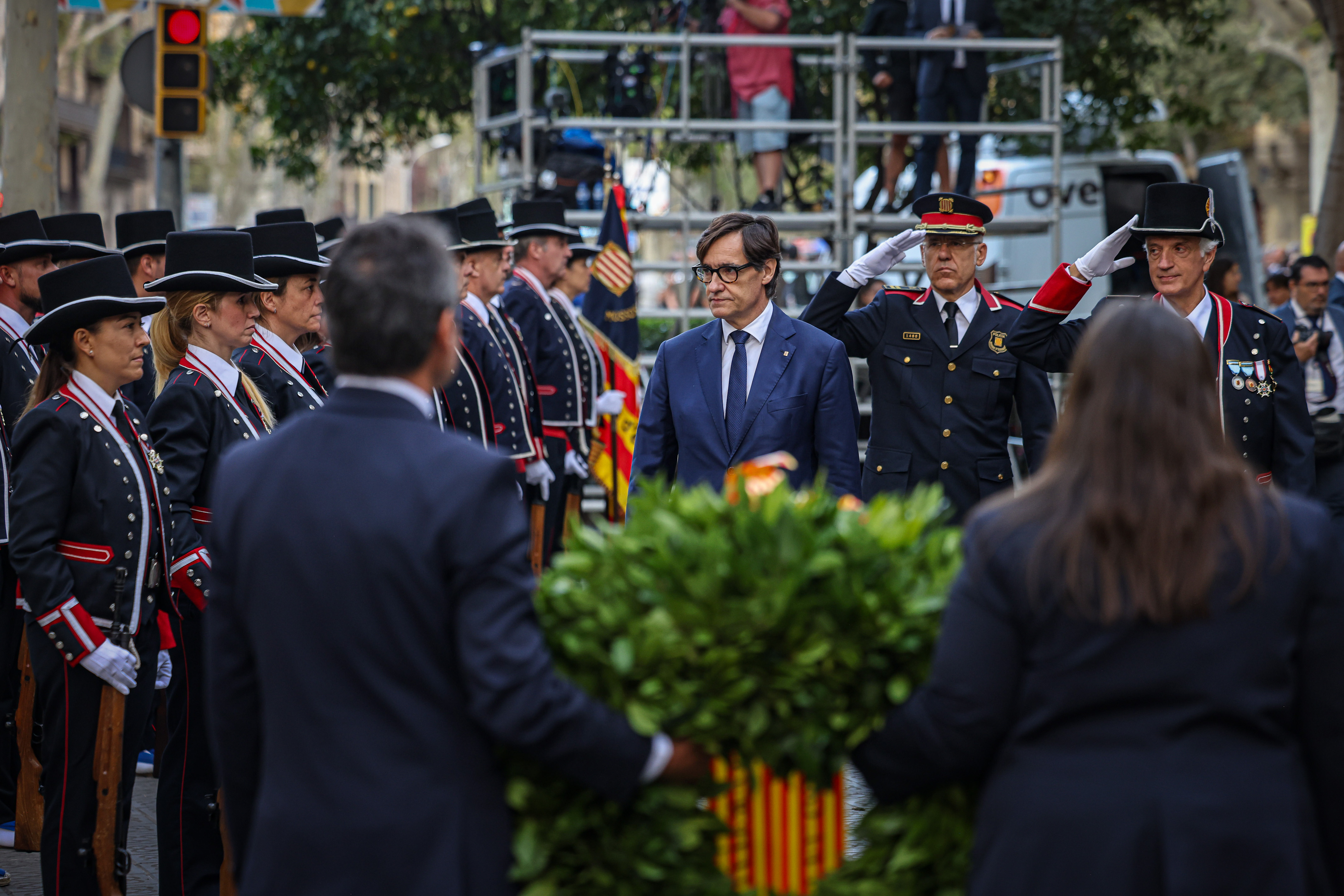 Catalan president Salvador Illa is received by Catalan police Mossos d'Esquadra at the traditional floral tribute on September 11, 2024.