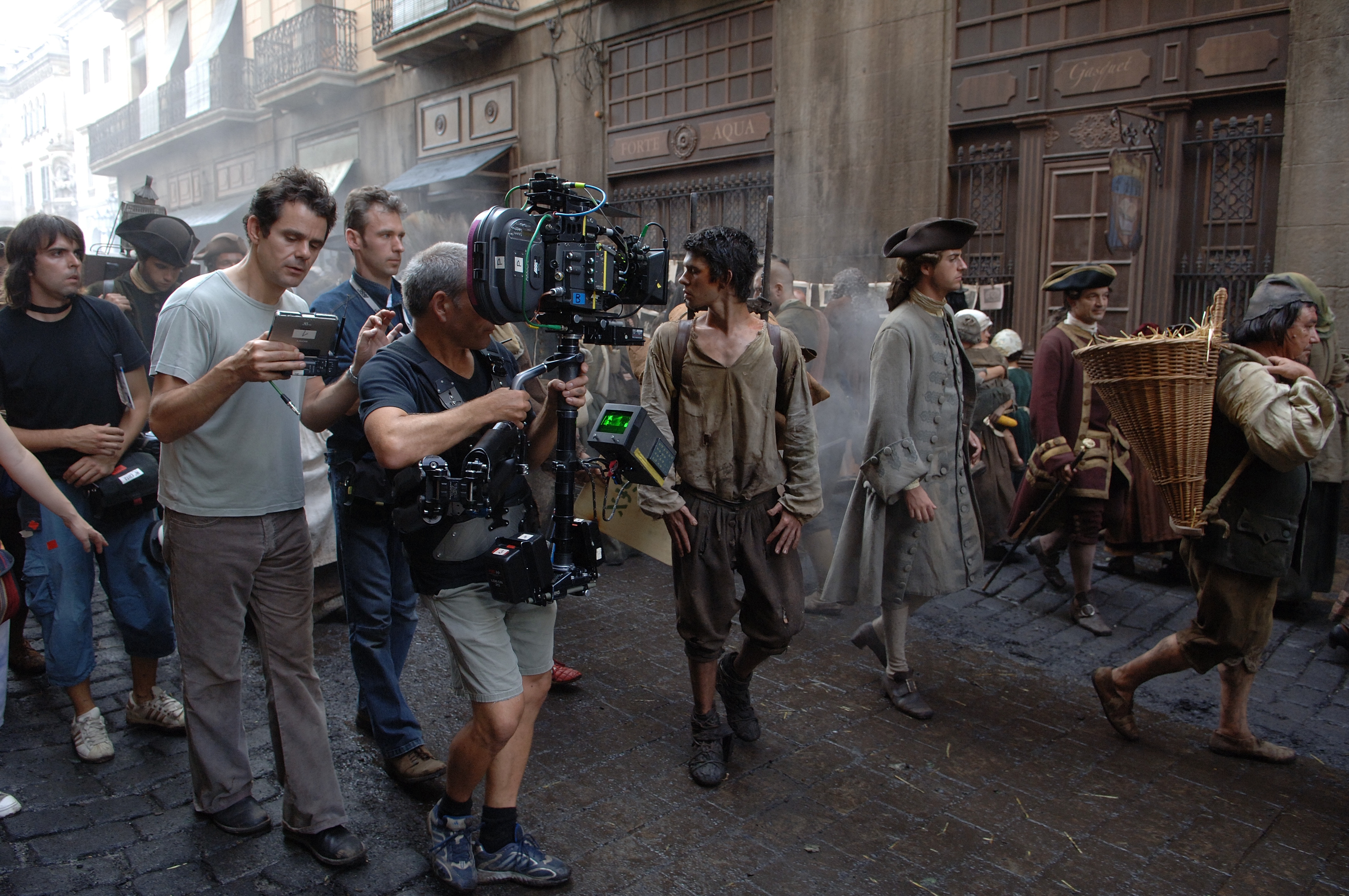 Image from the filming of Perfume: The Story of a Murderer on the streets of Barcelona