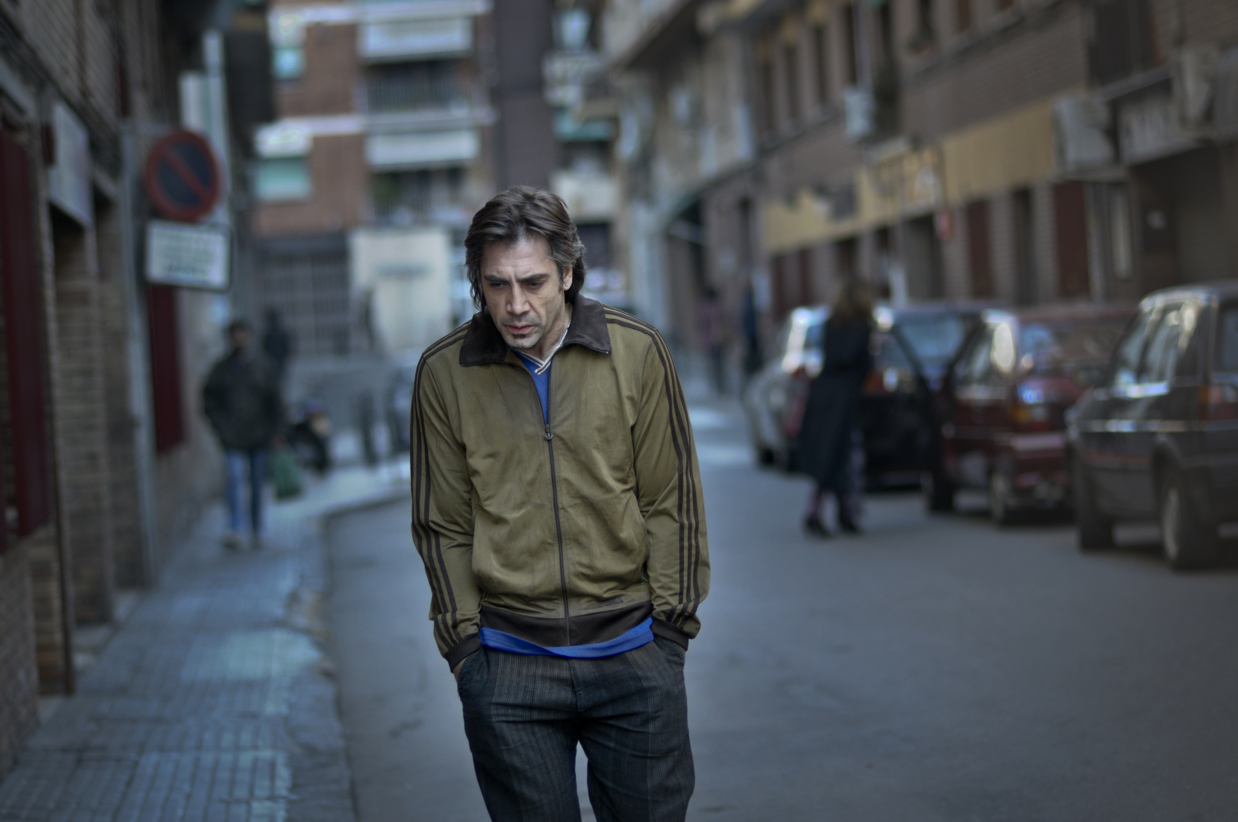 Javier Bardem in the streets of Barcelona during the filming of Biutiful.