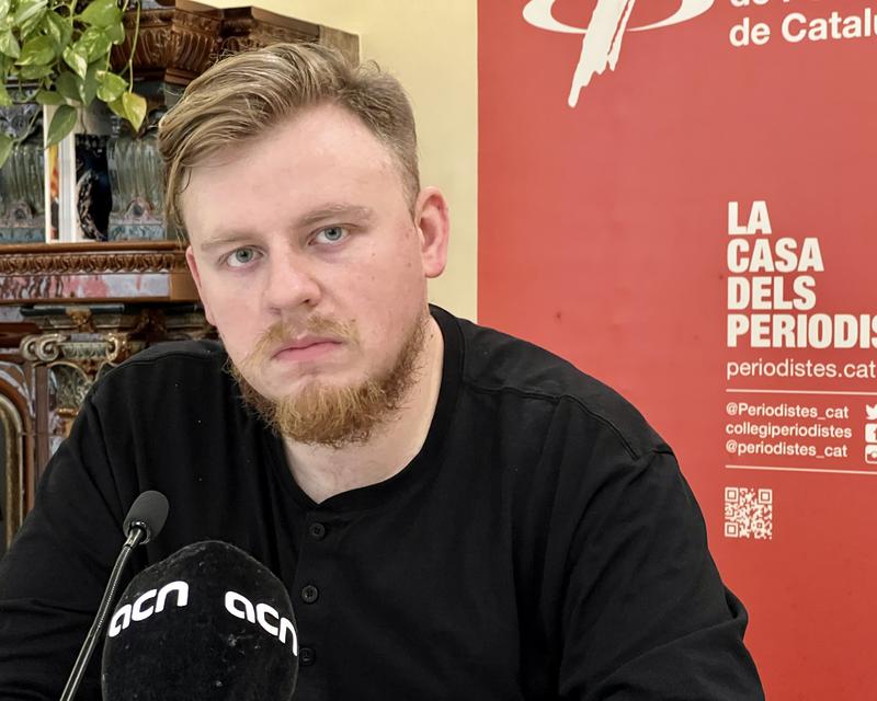 Yaroslav Bozhko, representative of Ukraine's Yellow Ribbon Civil Resistance Movement, one of the winners of the 2022 European Parliament Sakharov Prize, in Barcelona on February 23, 2023