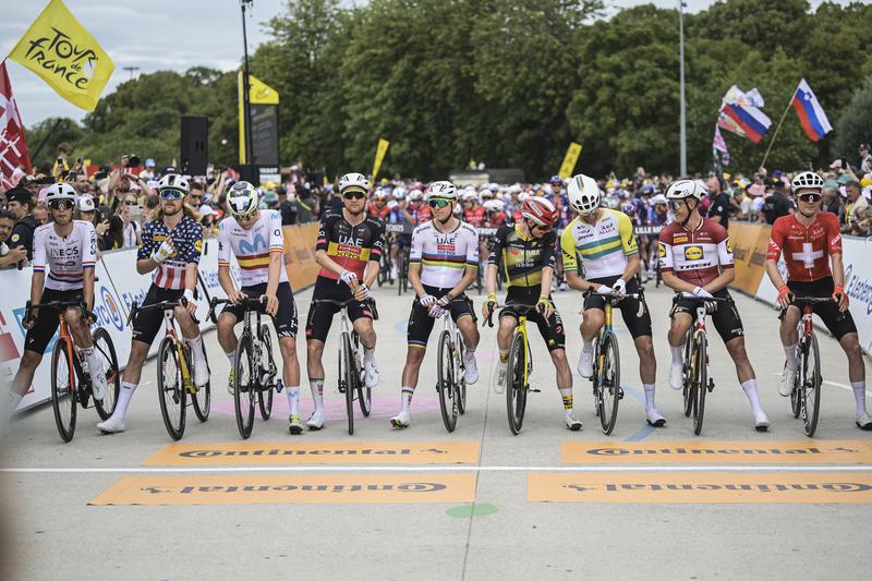 Riders line up at the start of the first stage of the 2025 Tour de France in Lille