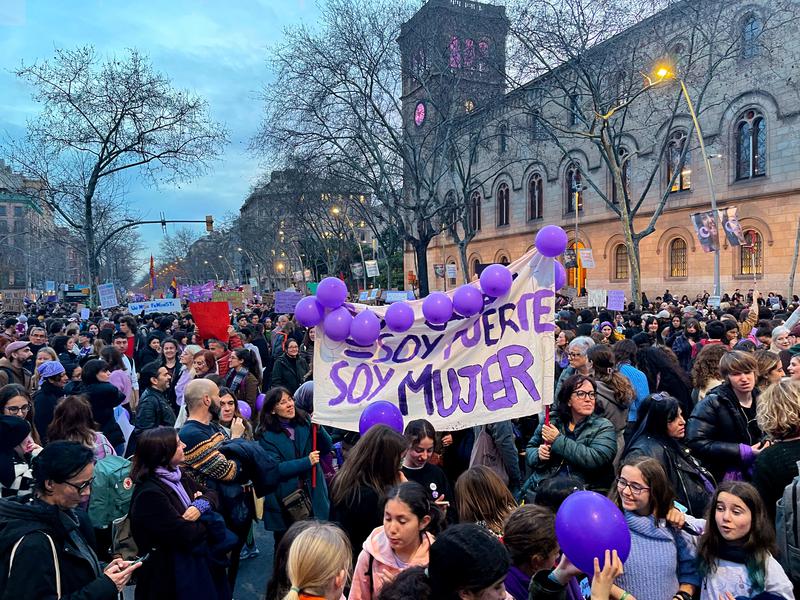 Festive atmosphere in central Barcelona during the annual International Women's Day march on March 8, 2023