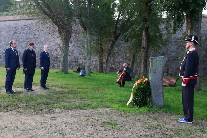 Catalan President Salvador Illa, Parliament Speaker Josep Rull and Barcelona Mayor Jaume Collboni at the memorial to Lluís Companys at Montjuïc Castle in Barcelona