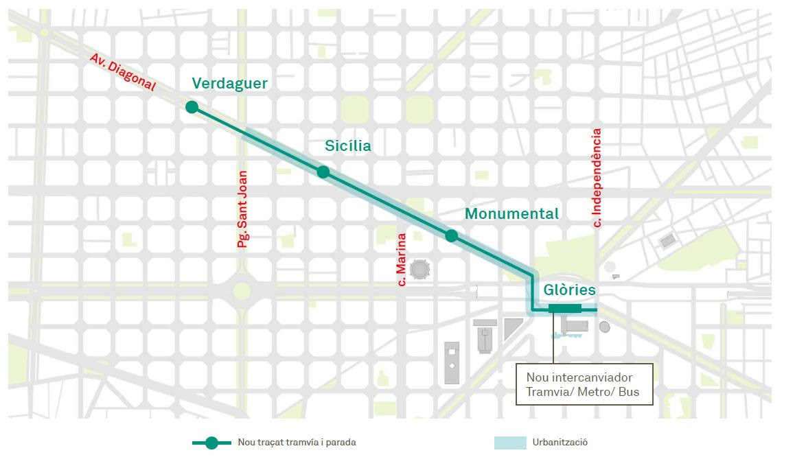 Map of the future three stations included in phase one on the tram network extension