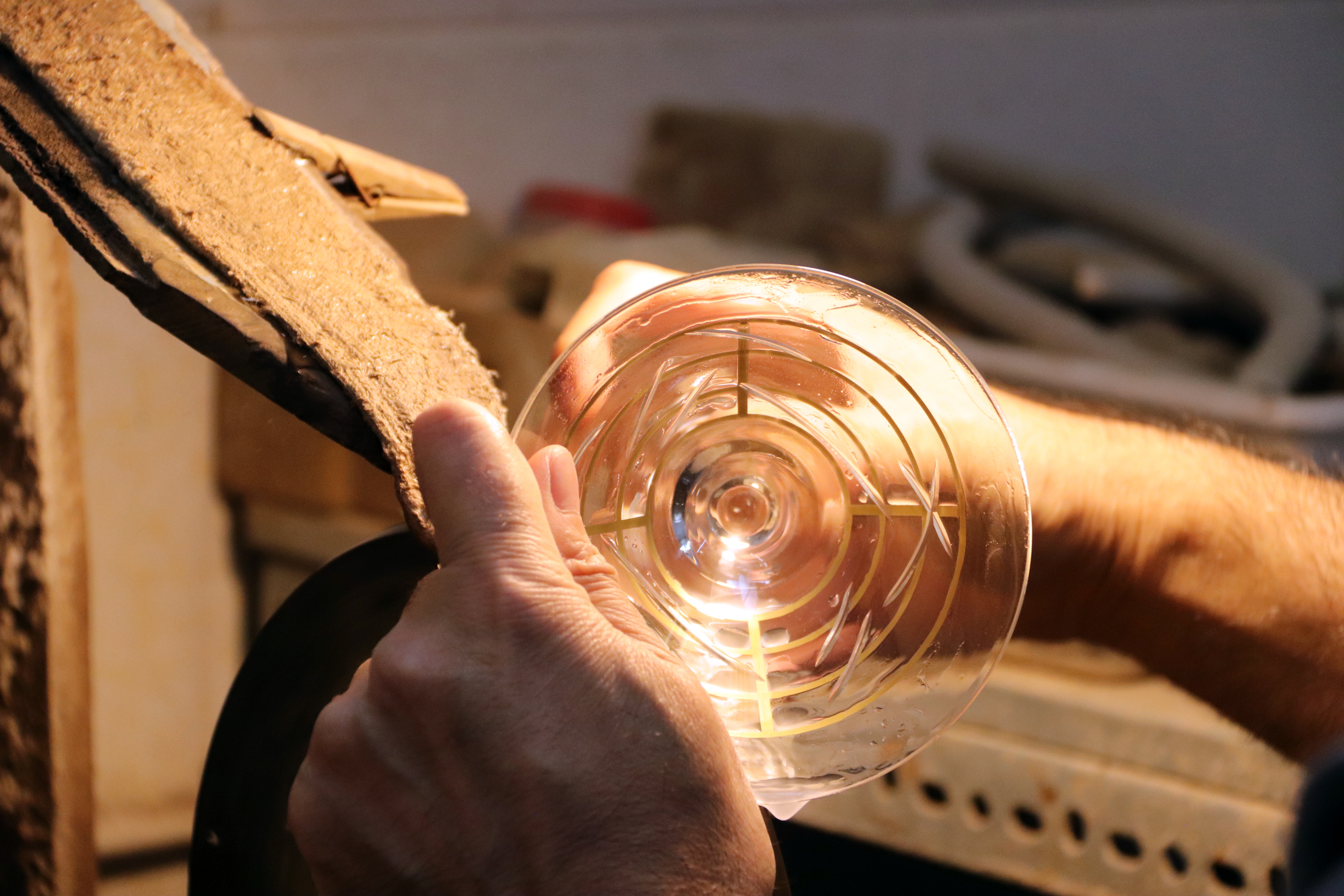 Toni Moya working on a cut-glass in his workshop in Barcelona