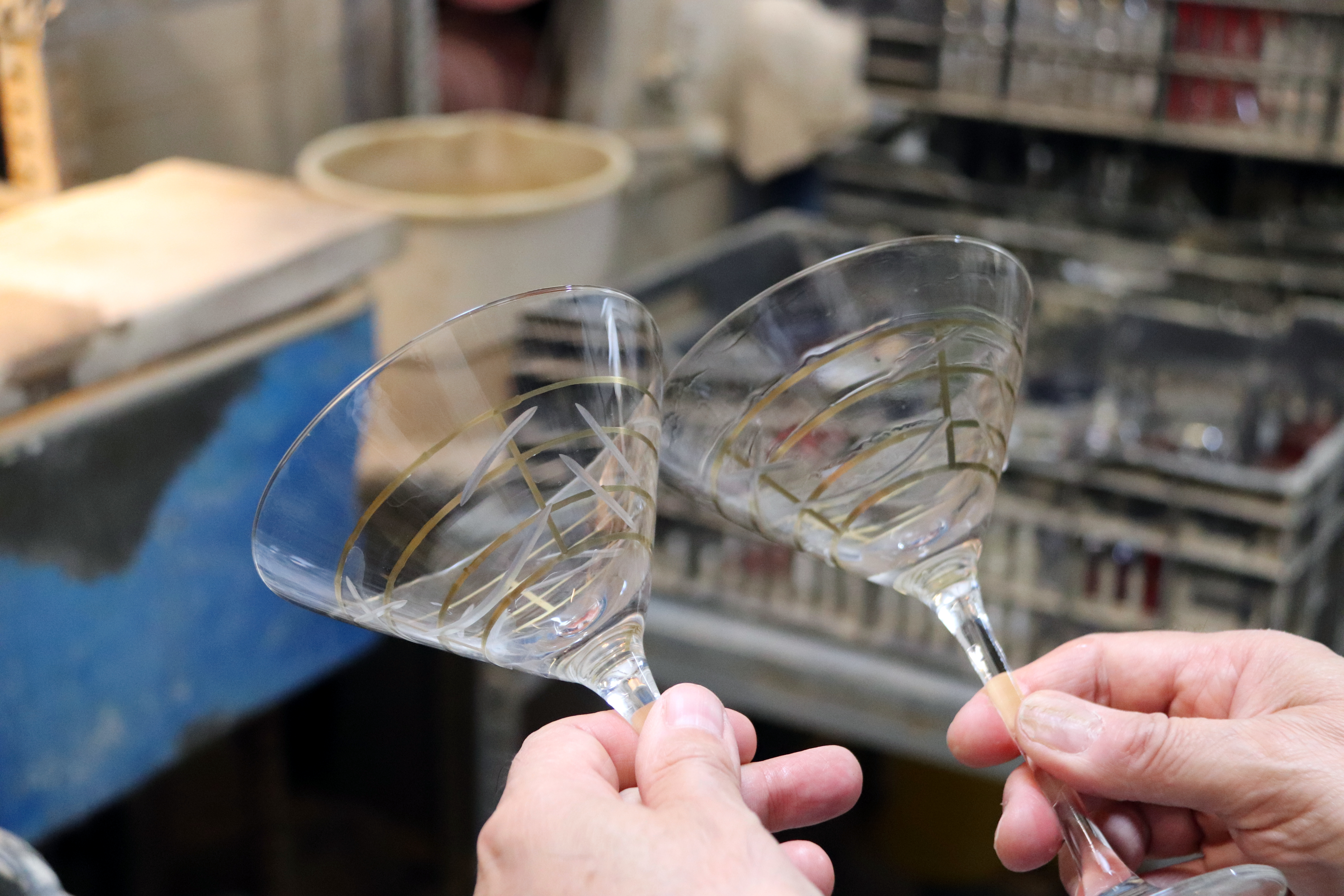 Two of the martini glasses Toni Moya personalizes for a cocktail bar in Barcelona