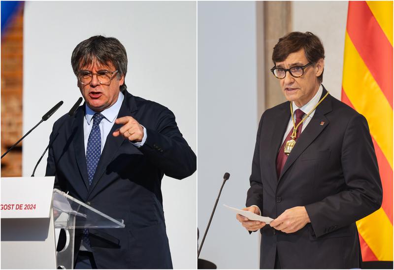 Former Catalan president Carles Puigdemont during a speech in Barcelona on August 8, with Socialist Salvador Illa being named Catalan president Salvador Illa on August 10 during his appointment speech
