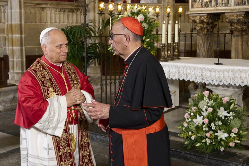 Pope Leo XIV with Archbishop Omella in Barcelona Cathedral