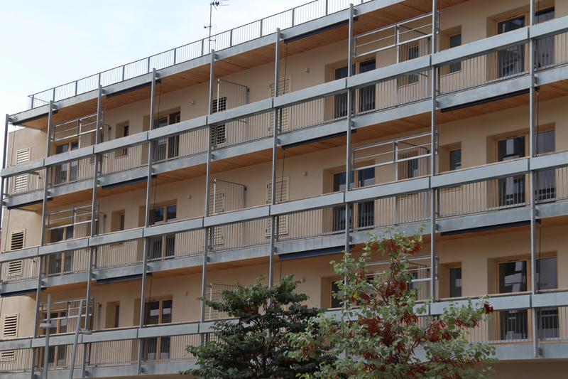 Exterior of the apartment block built with industrial materials and methods on Carrer Binèfar, Barcelona