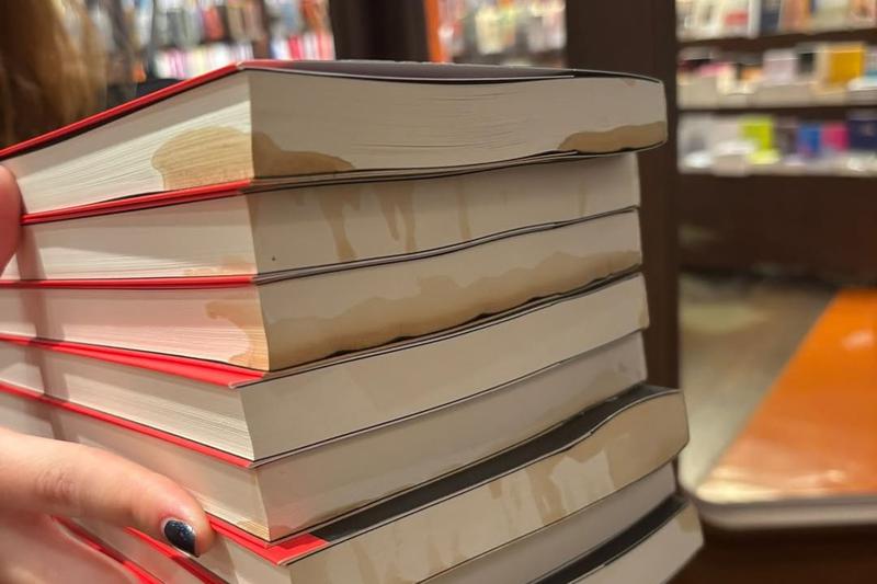 Damaged books on Palestine in the Finestres bookstore in Barcelona