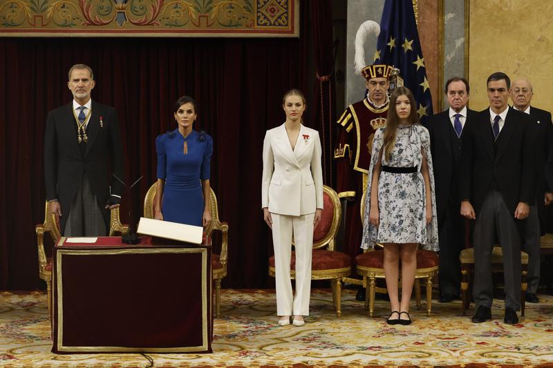 King Felipe VI, Queen Letizia, Princess Leonor and Infanta Sofia, alongside acting prime minister Pedro Sánchez during ceremony on October 31, 2023
