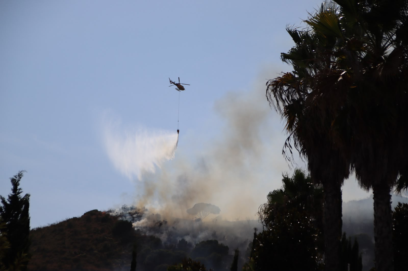 A helicopter drops water on the Collserola fire