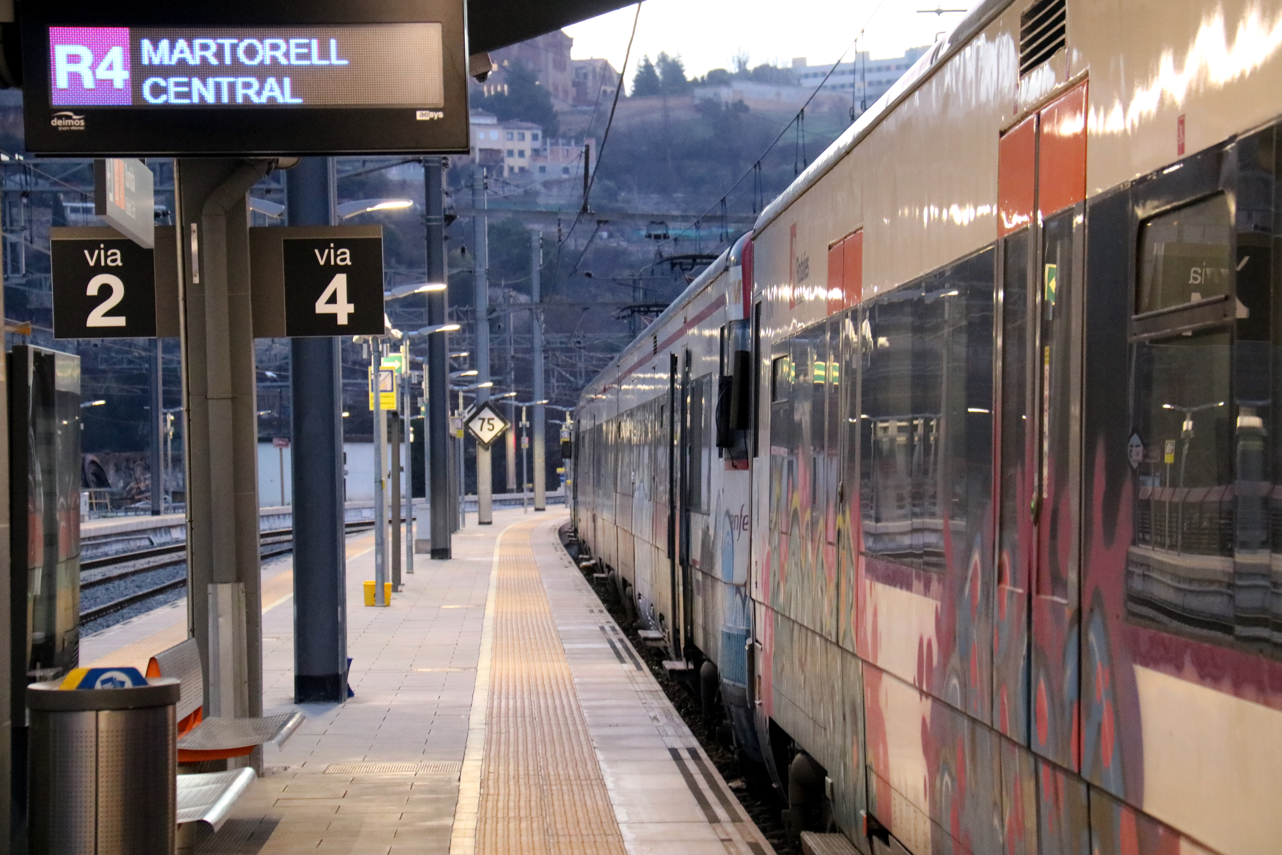 A train at Manresa station as Rodalies services resume