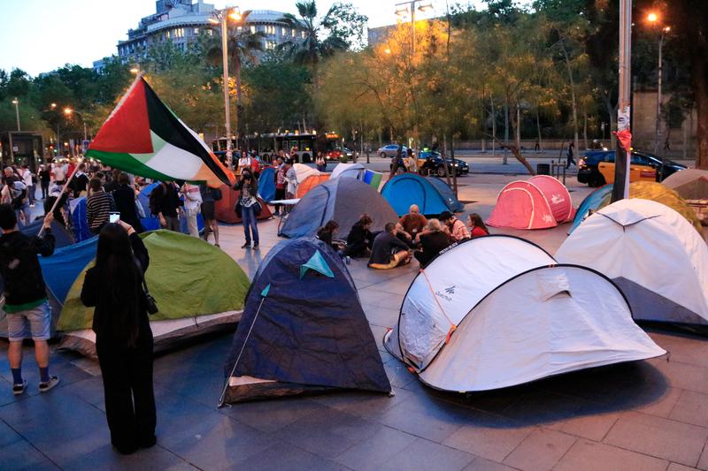 Some tents of pro-Palestine demonstrators camp at Plaça Universitat in Barcelona's city center on June 13, 2024