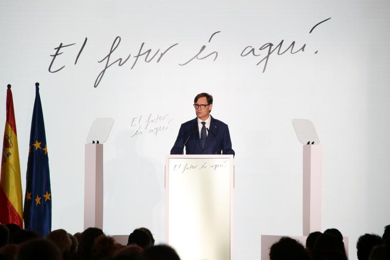 Catalan president Salvador Illa speaking at his mid-term address in Barcelona