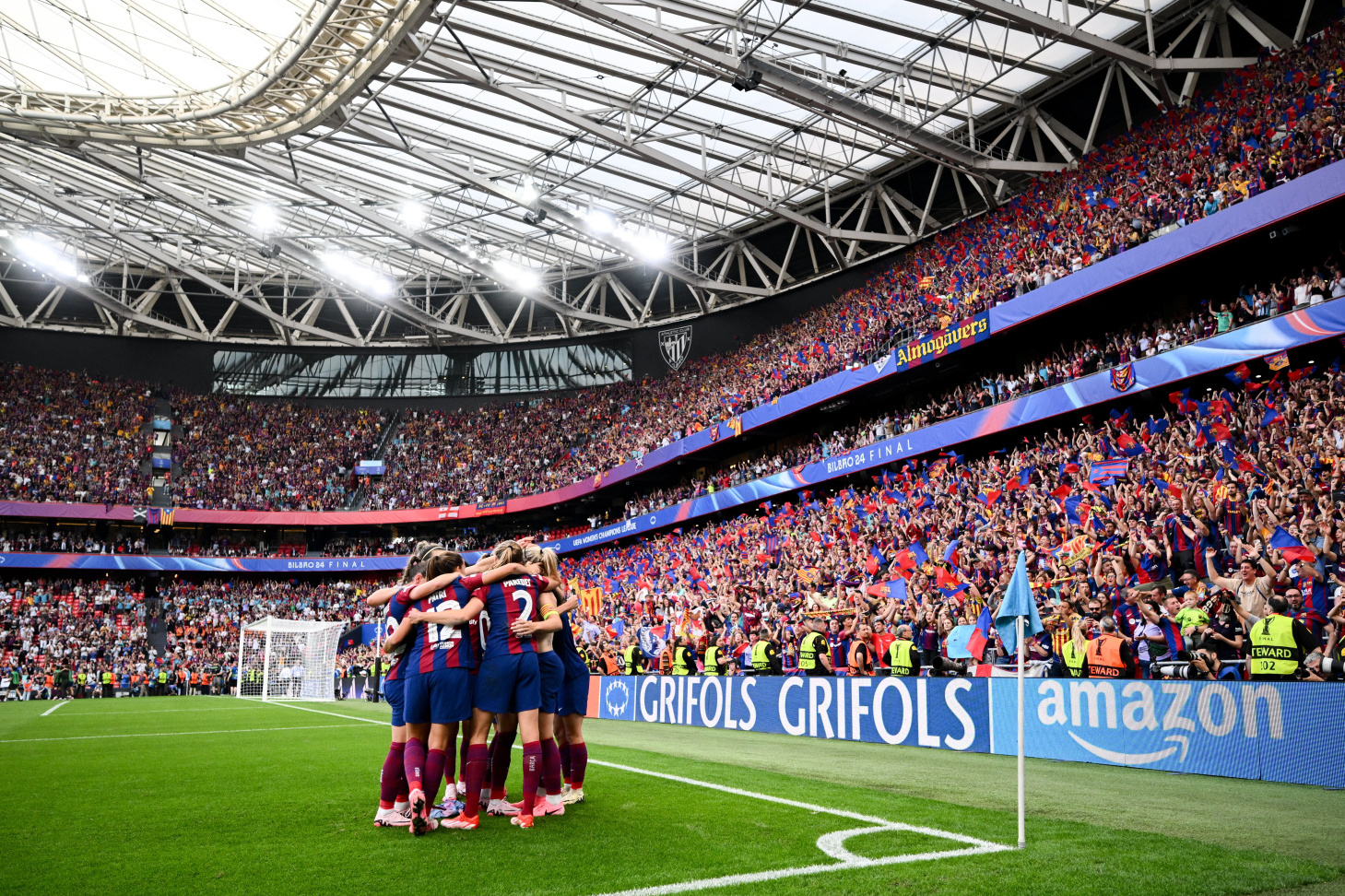 Barcelona players celebrate after scoring their side’s second goal during the UEFA Women’s Champions League 2023/24 final match between FC Barcelona and Olympique Lyonnais at Estadio de San Mamés on May 25, 2024 in Bilbao, Spain