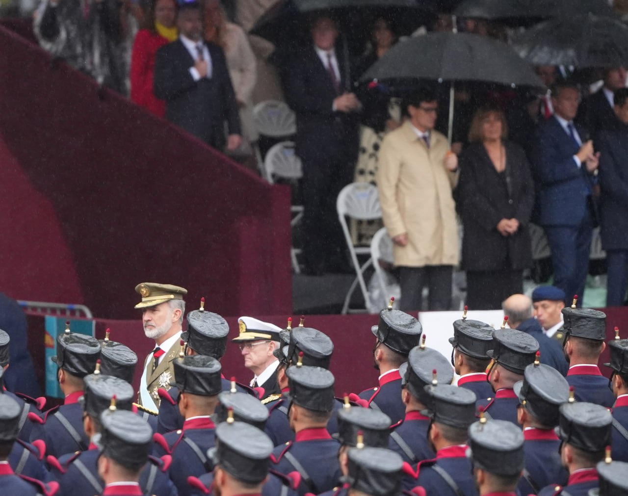 Spain's National Day military parade with King Felipe VI and Catalan president Salvador Illa in the background