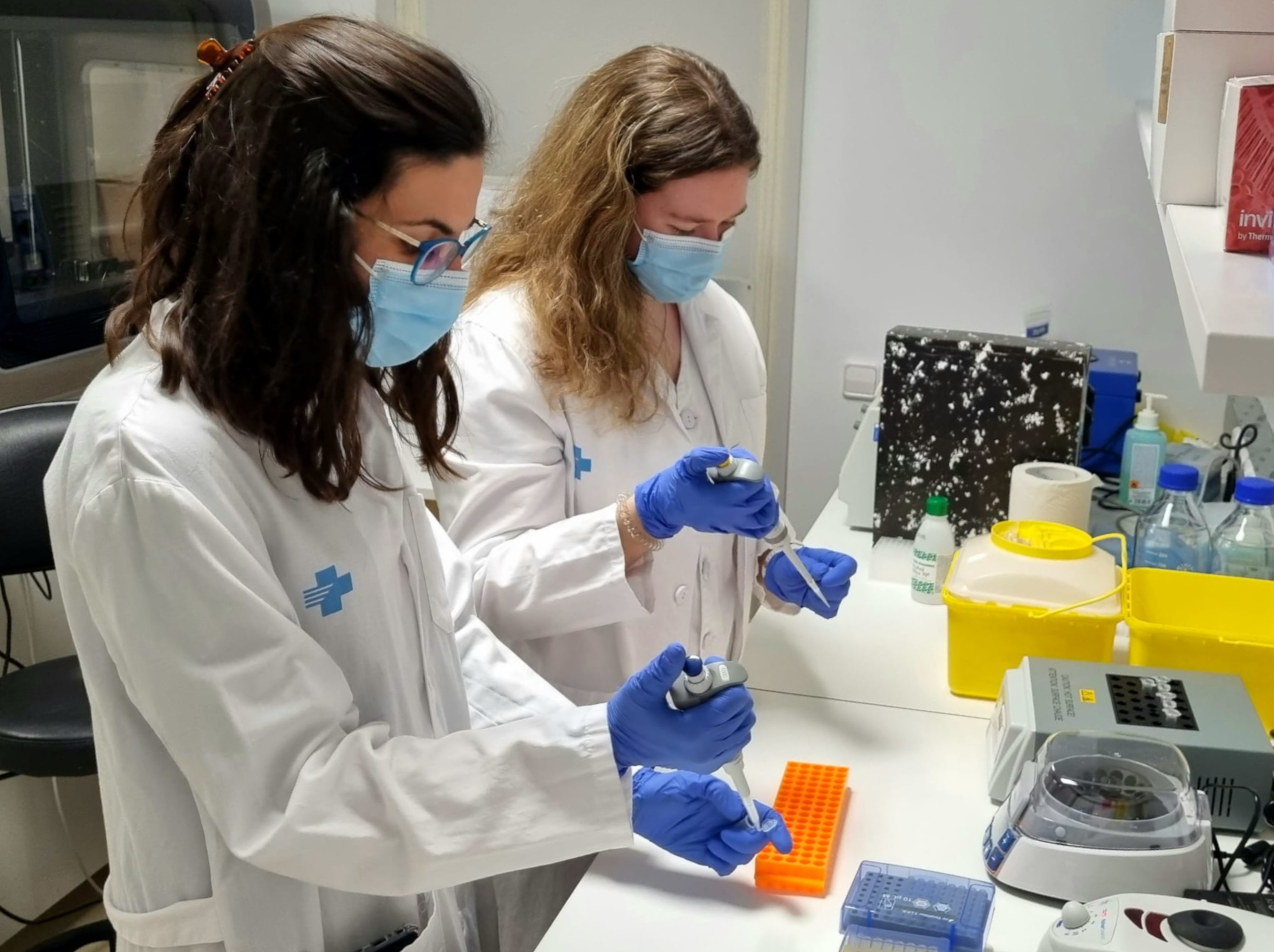 Postdoctorate researchers Laia Reverté Calvet and Noèlia Gallardo Borràs investigating breast cancer in a laboratory