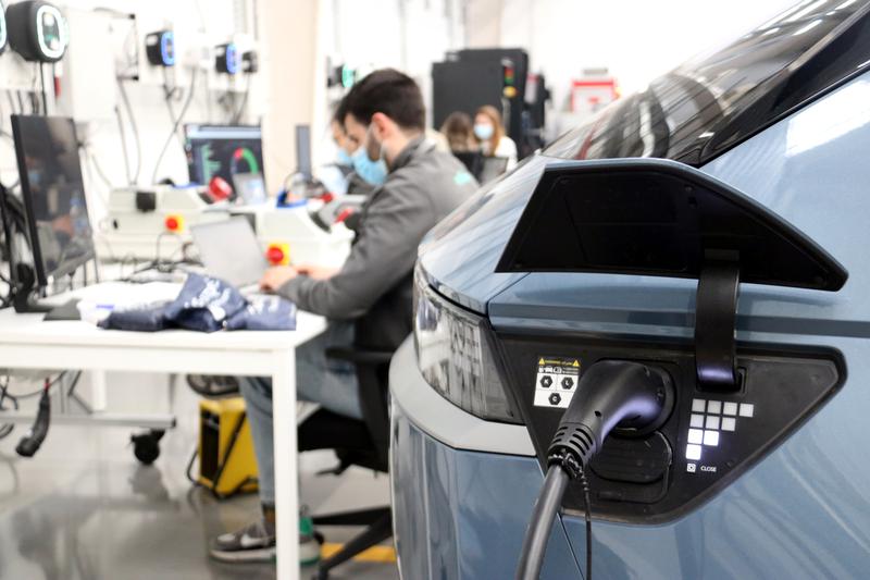 An electric vehicle charger in the Wallbox factory in Barcelona