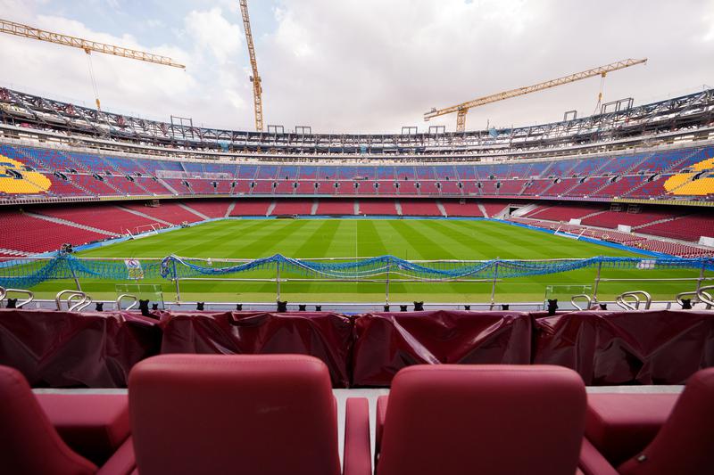 The VIP stands at FC Barcelona's Spotify Camp Nou with several cranes in the background