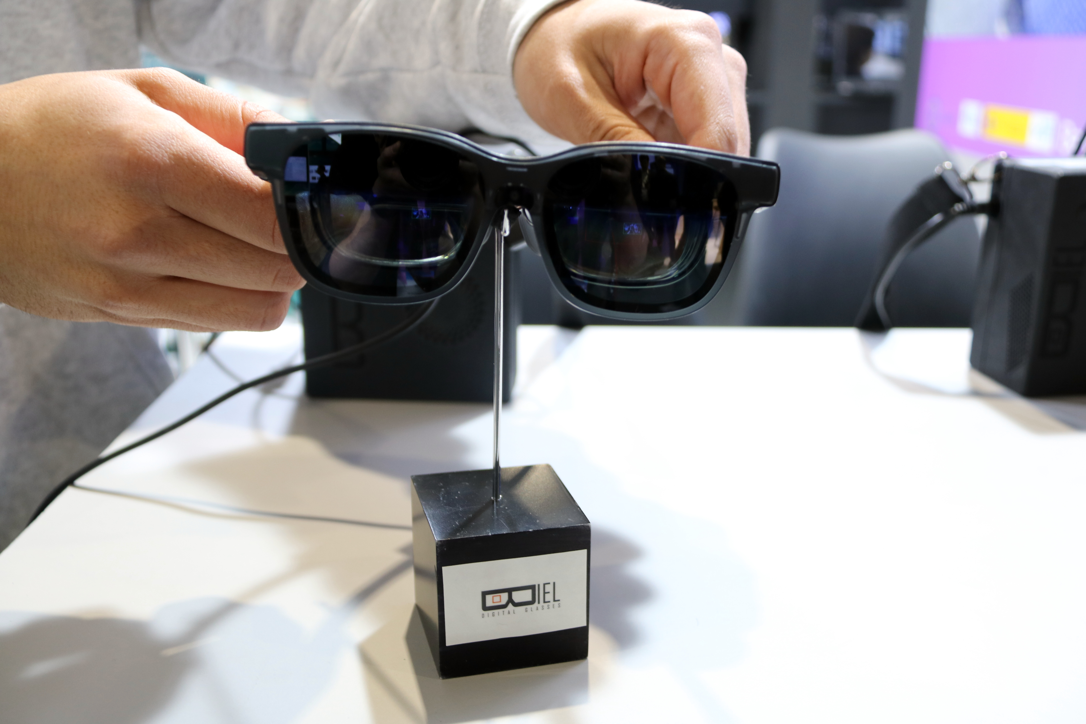 The Biel Glasses, made for people with low vision, on display at the Mobile World Congress