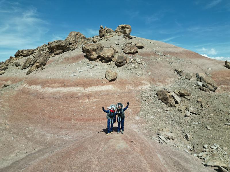 Two of the Hypatia crew members at Mars Research Desert Station, in Utah, in April 2023