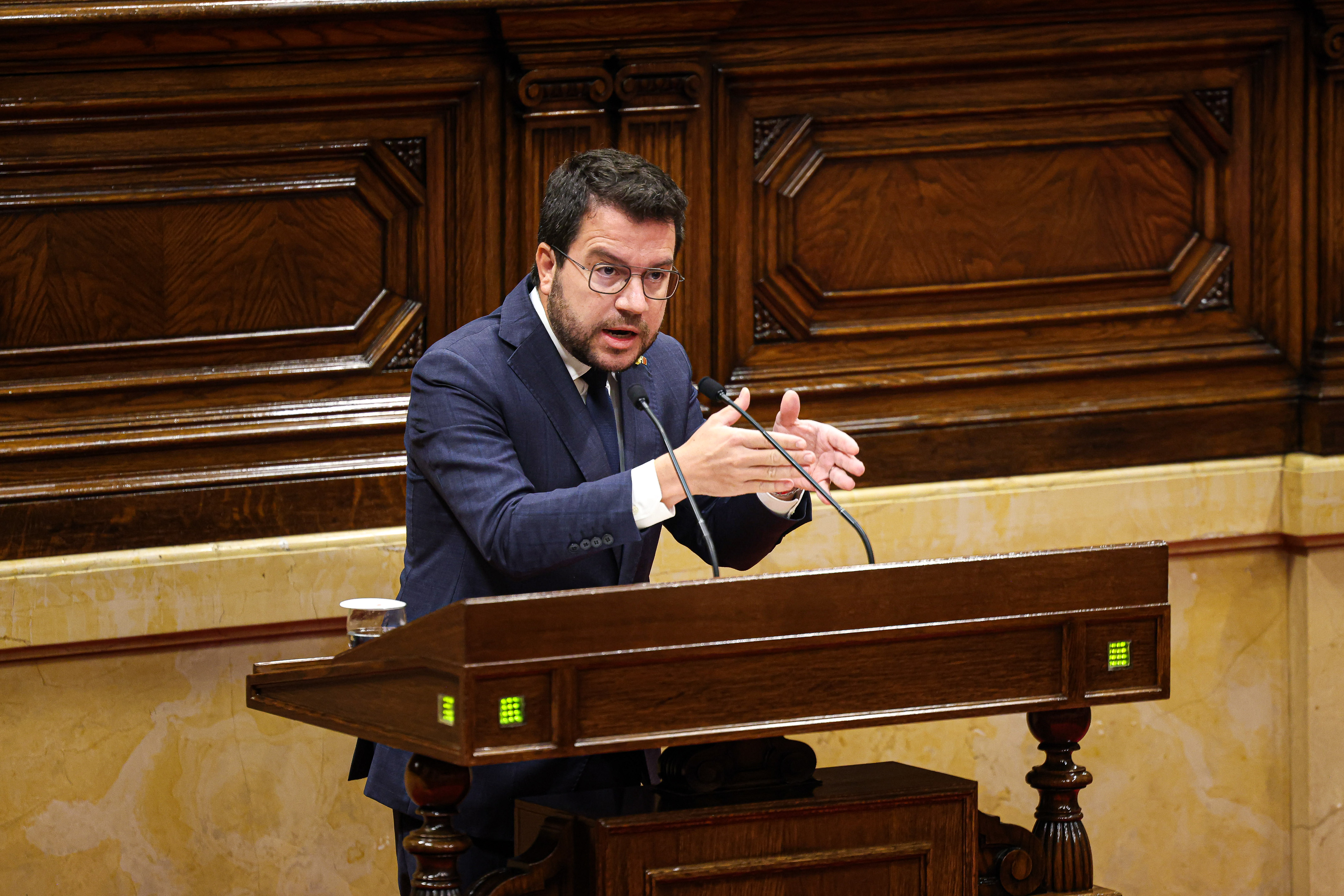 Catalan president Pere Aragonès speaks in parliament during the general policy debate on September 27, 2023