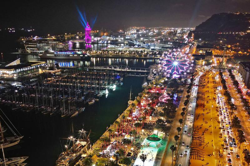 Aerial view of the port of Barcelona during Christmas 2023. 