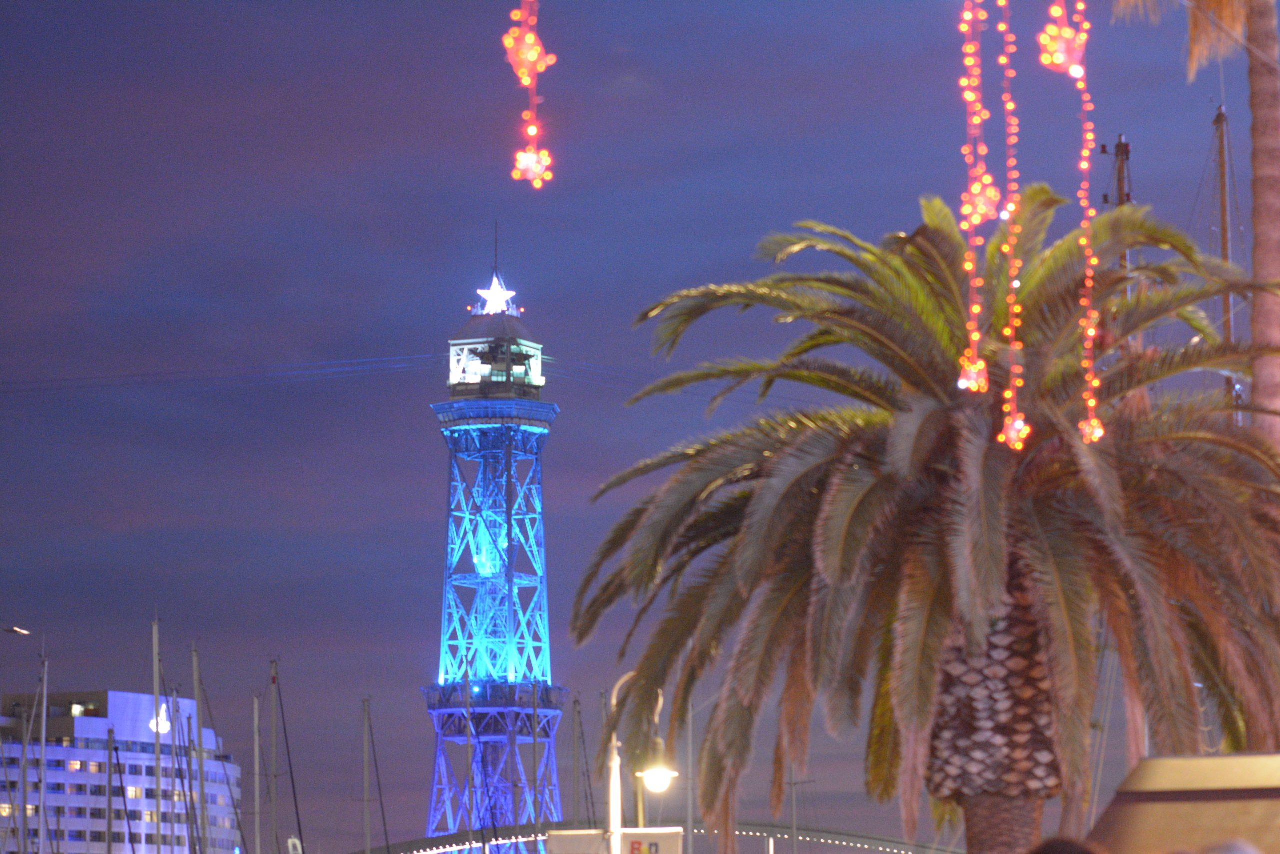 Torre de Jaume I, the iconic cable car tower, decorated for Christmas.