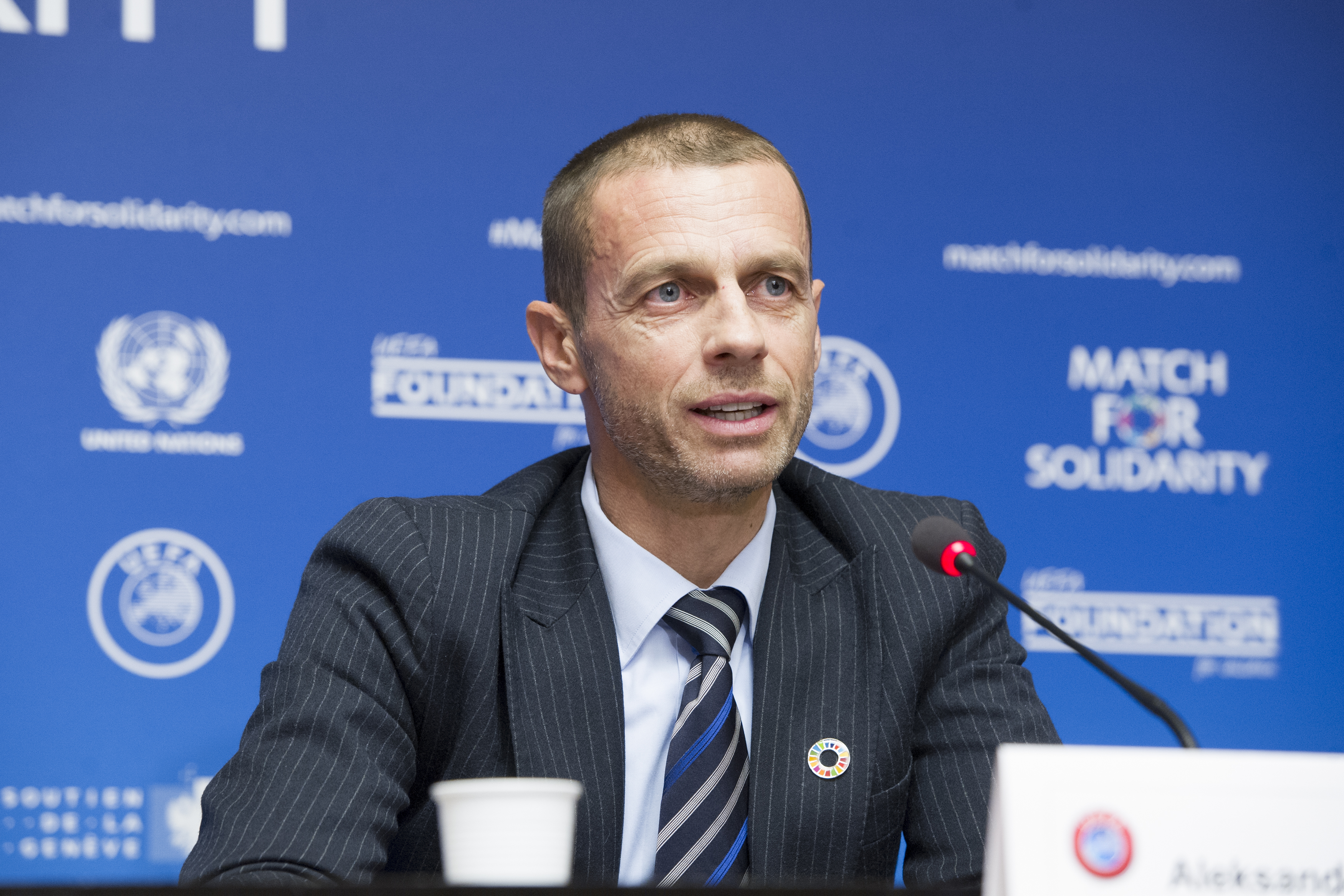 Aleksander Ceferin, UEFA President, briefs the press about the Match for Solidarity 2018 in the UN Palais des Nations on February 13, 2018