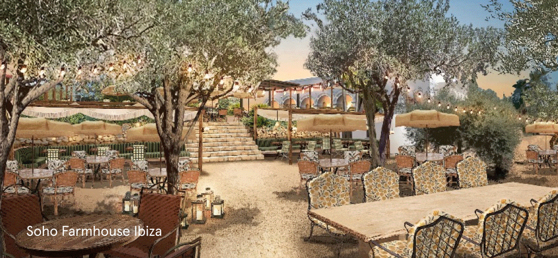 A drawing of the seating area in the Soho Farmhouse Ibiza set to open in 2025