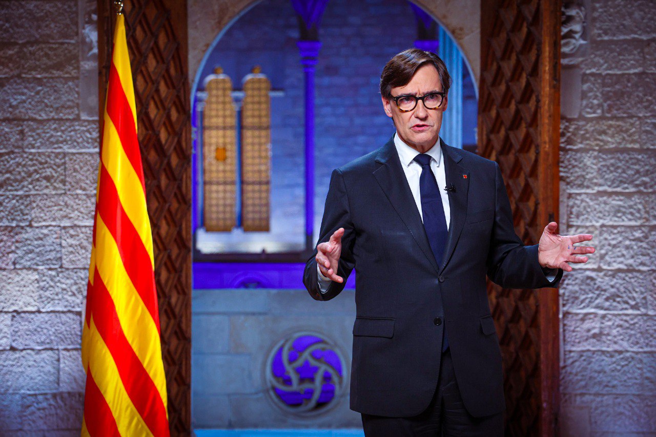 Catalan president Salvador Illa gives a speech on the eve of Catalonia's National Day on September 10, 2025