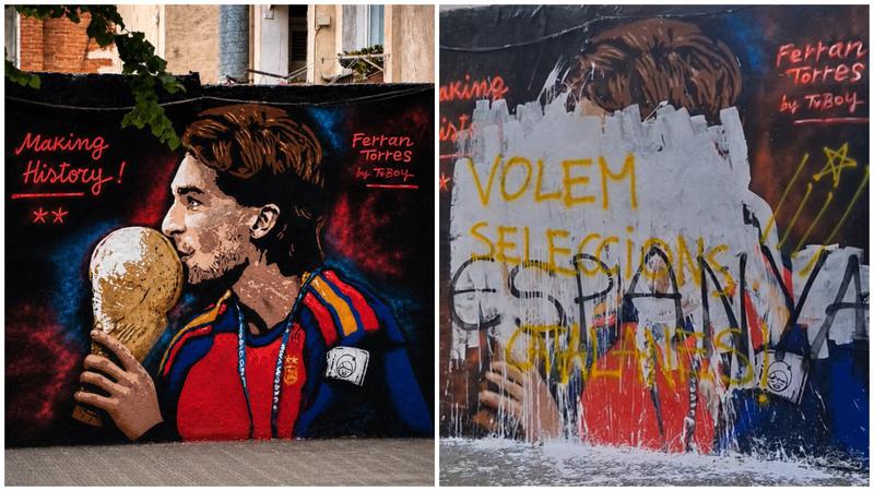 Before and after of Ferran Torres mural painted by TVBoy in Gràcia neighborhood of Barcelona