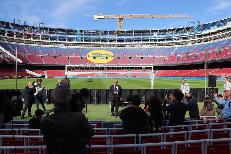FC Barcelona president Joan Laporta speaks at a press conference inside the Spotify Camp Nou stadium