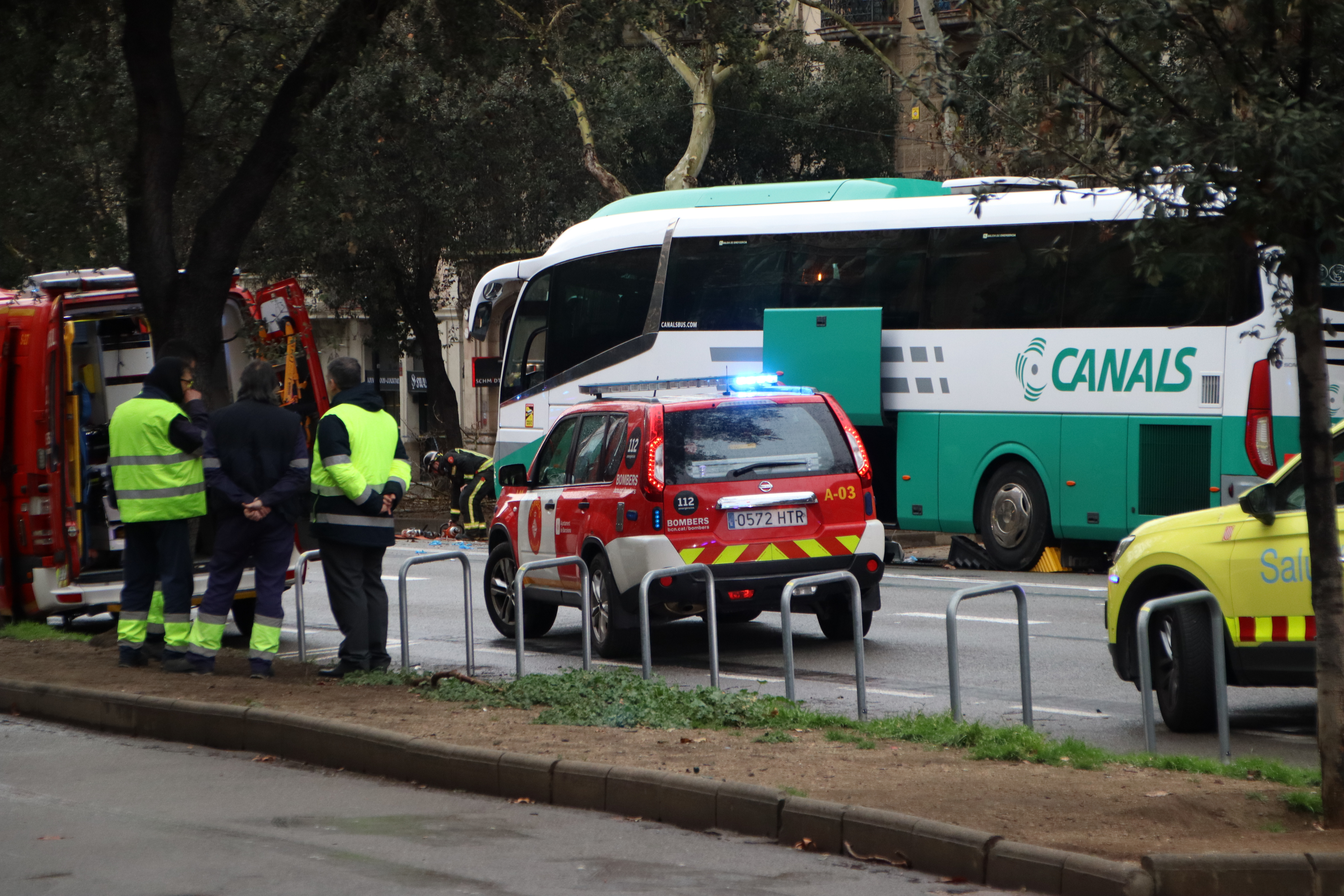 One of the two buses that collided on Barcelona's Diagonal Avenue on March 3, 2025