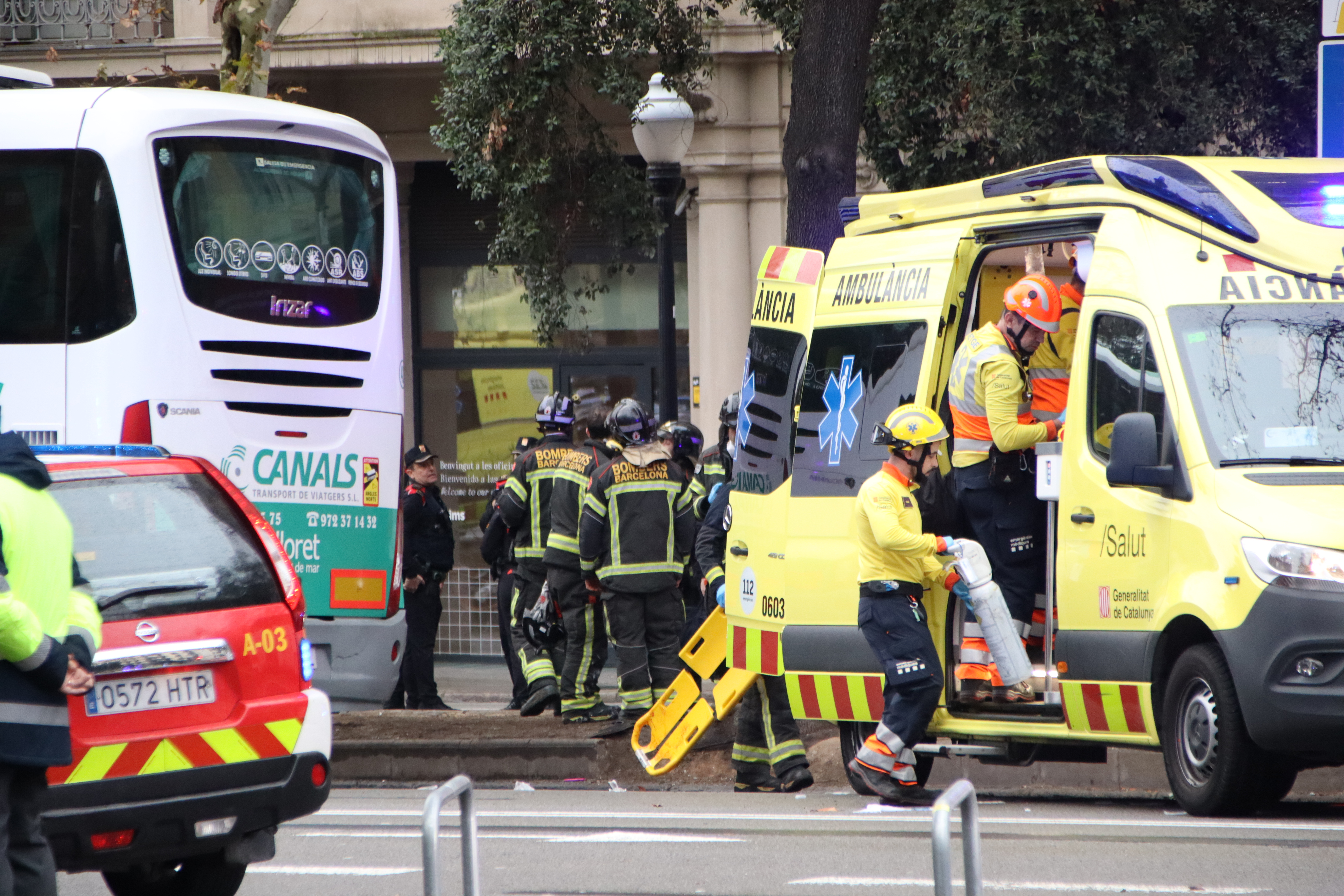 Emergency units on site after two buses collided on Barcelona's Diagonal Avenue on March 3, 2025