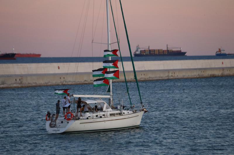 A Global Sumud Flotilla vessel departs from the port of Barcelona
