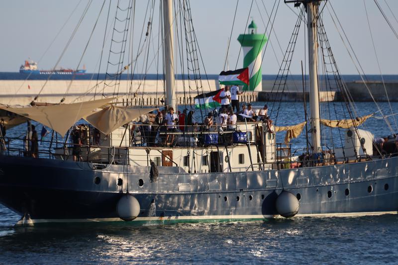 Global Sumud Flotilla humanitarian aid ship leaving the port of Barcelona for Gaza