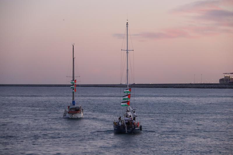 Two vessels from the Global Sumud Flotilla leaving de Port of Barcelona
