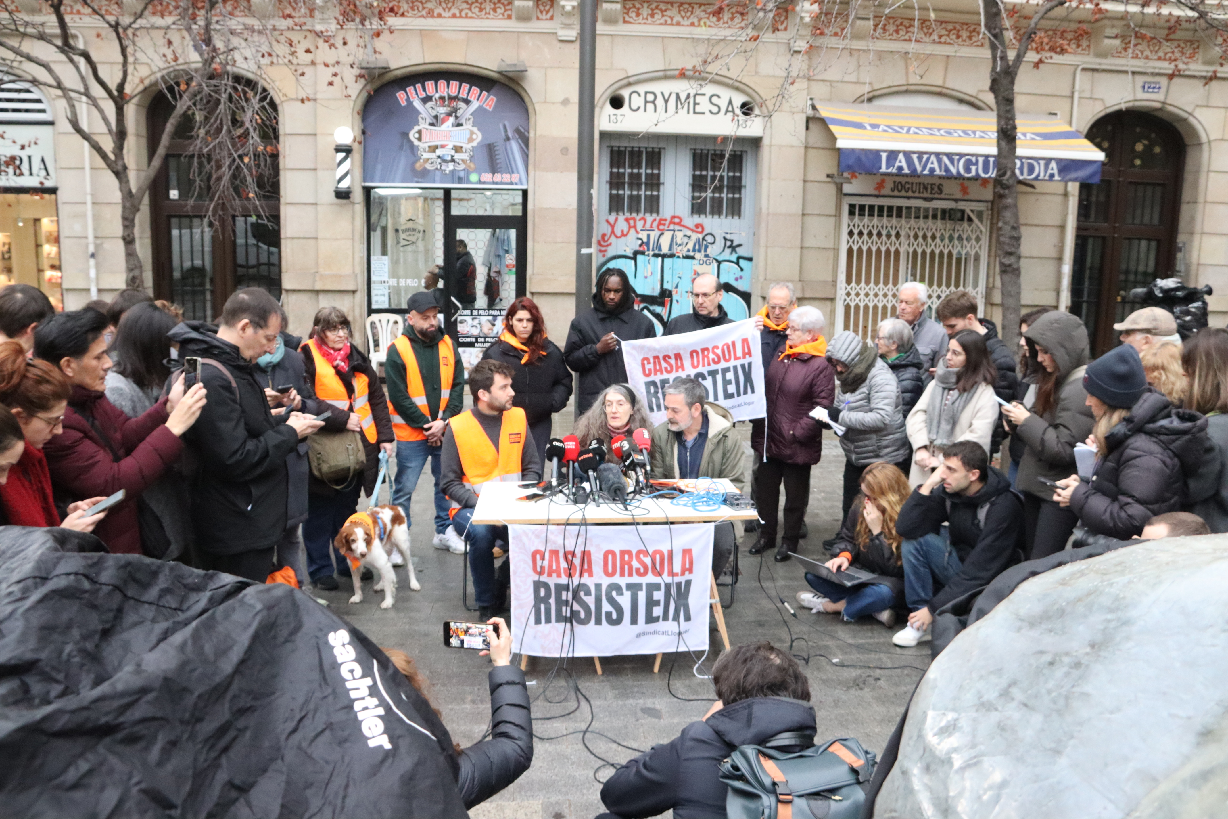 Tenants' Union and Casa Orsola residents Josep Torrent and Elisenda Paños during a press conference after the city council announced they had bought the building on February 7, 2025