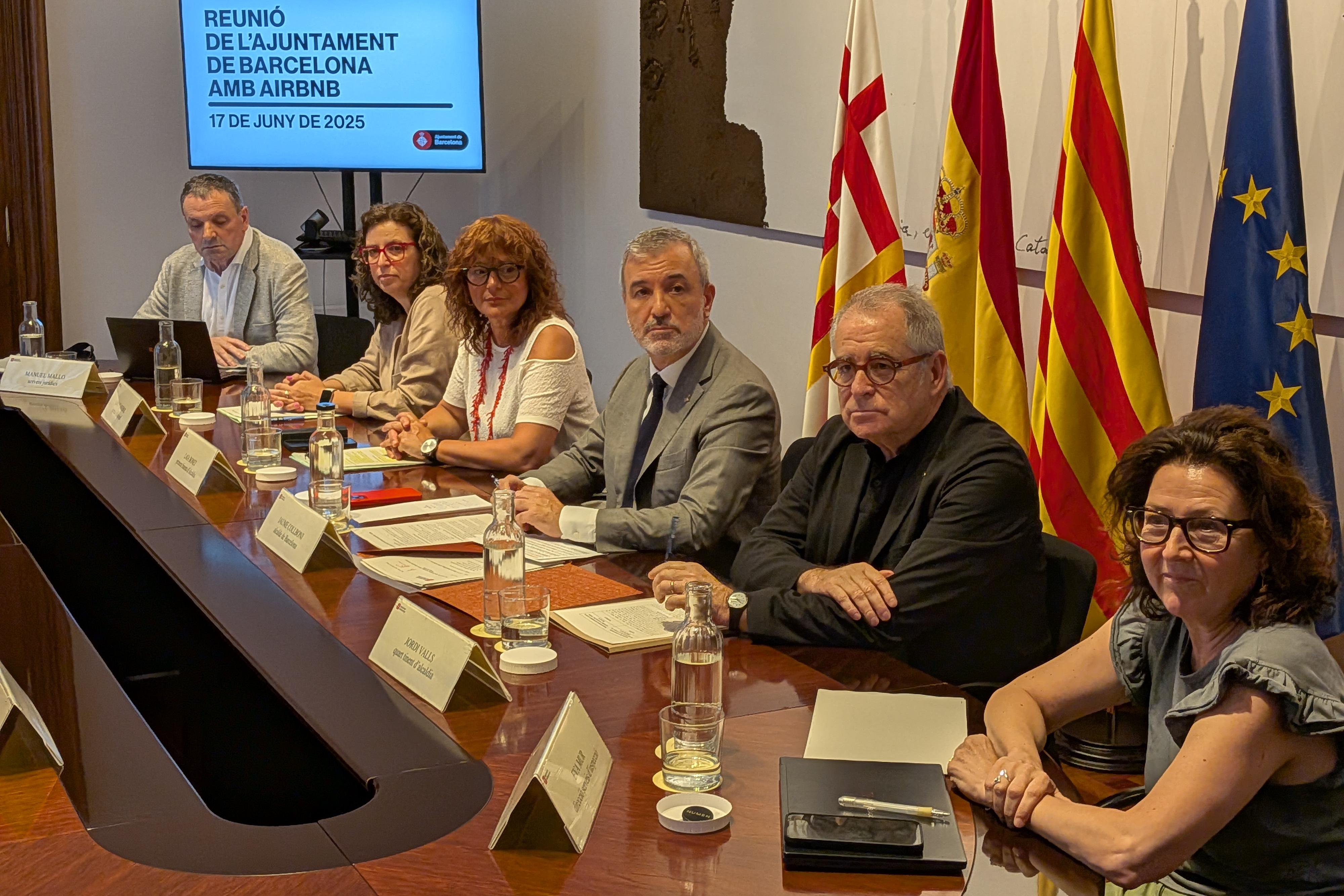 Barcelona mayor Jaume Collboni and deputy mayor Laia Bonet during a meeting in Barcelona with representatives of Airbnb Spain