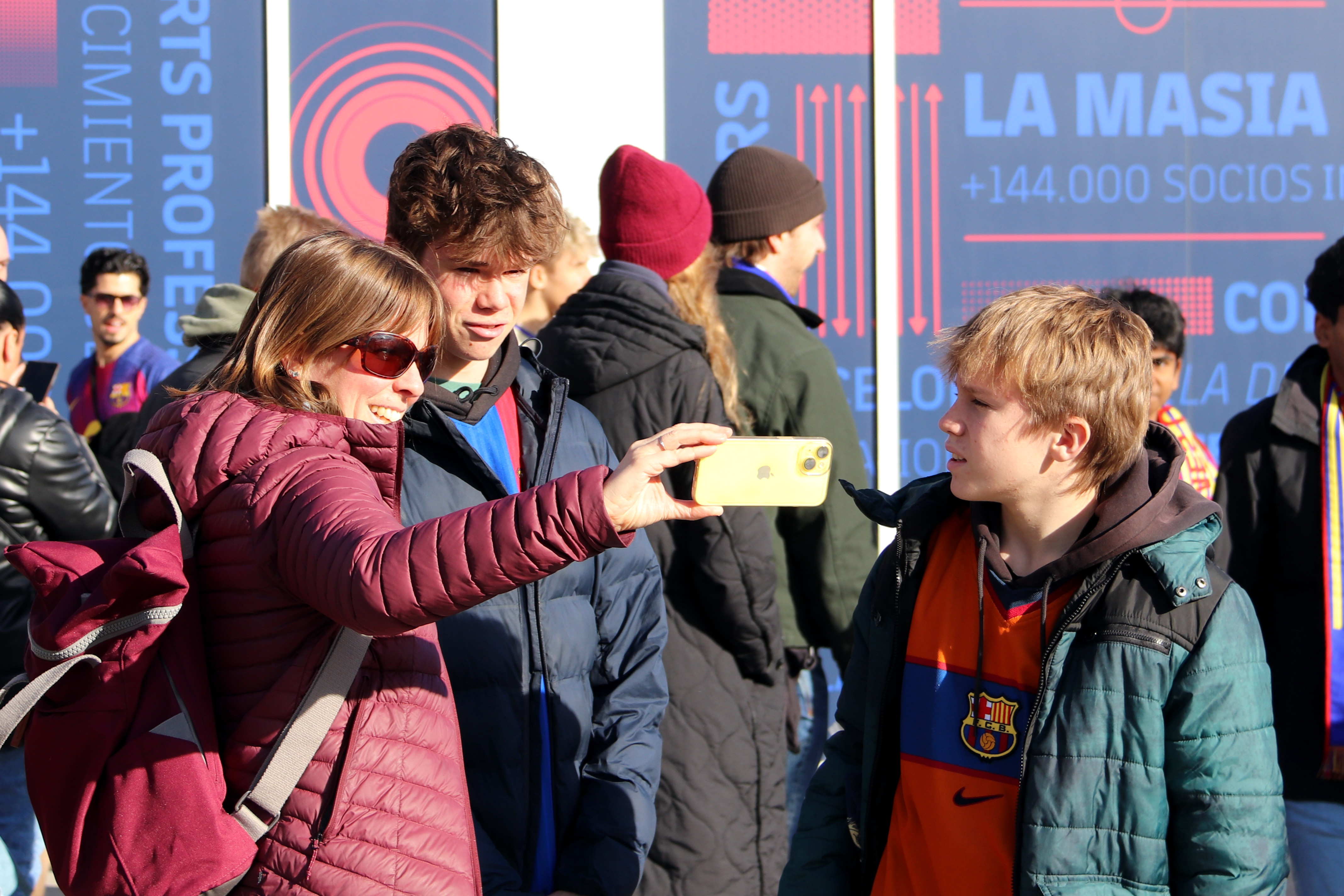 Barça fans take a selfie before the first game in the Spotify Camp Nou since construction work began in 2023